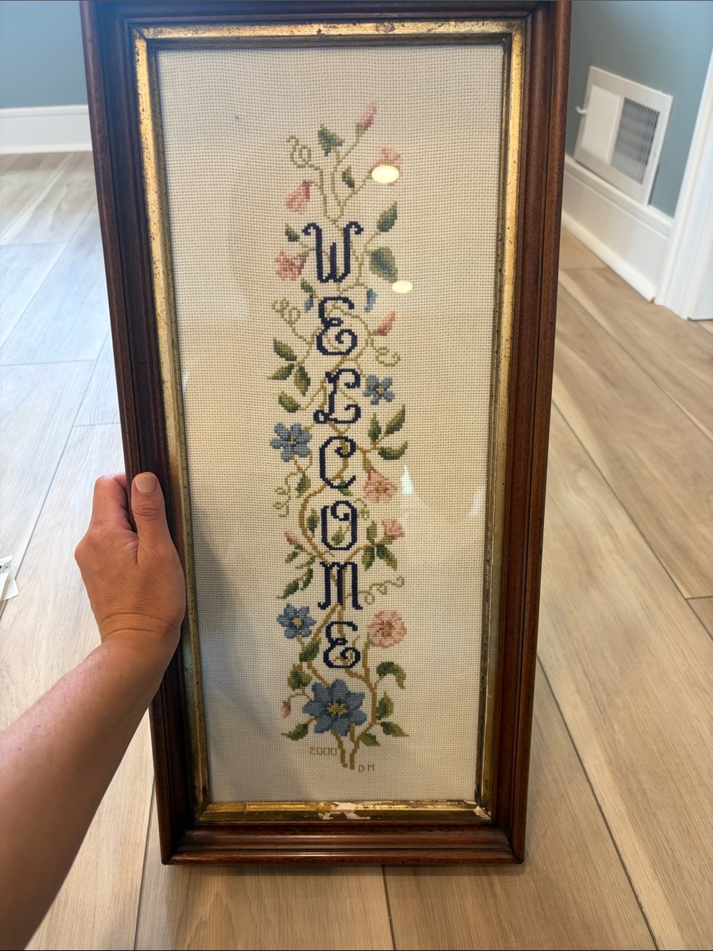 Framed 'Welcome' Cross Stitch Wall Accent in Blue and Pink